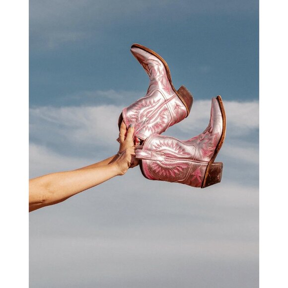 Women Metallic Embroidered Pointed Toe Cowgirl Boots Chunky Heel Pull-On Pink - Picture 5 of 6